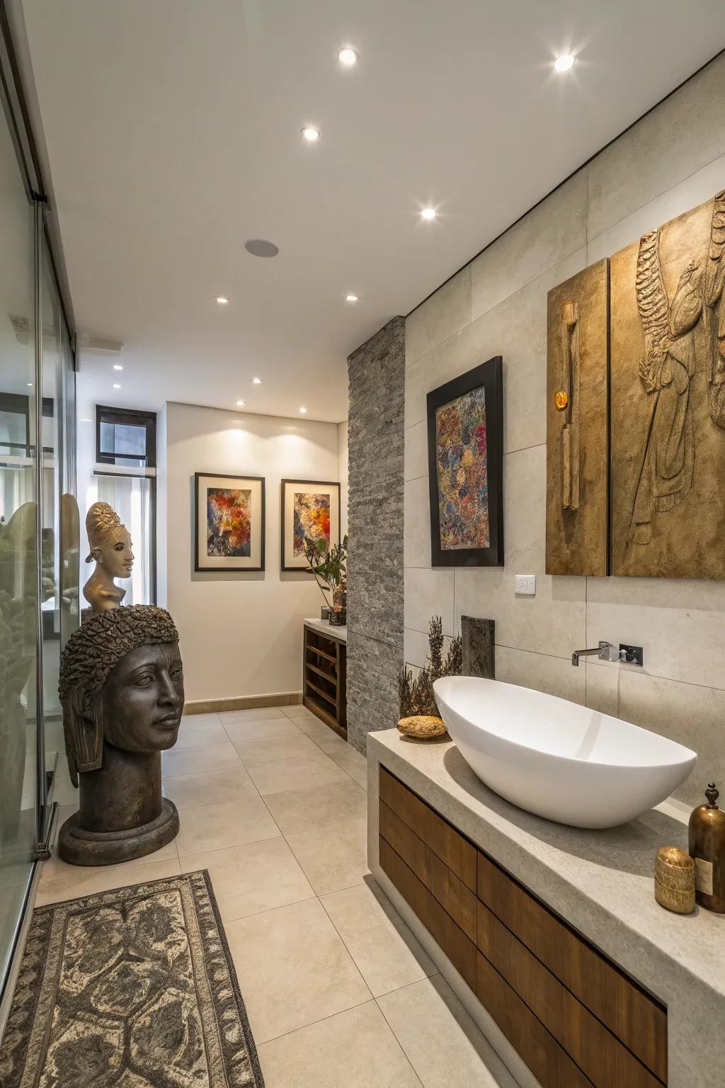 Bathroom transformed with artistic elements, creating a gallery-like space.