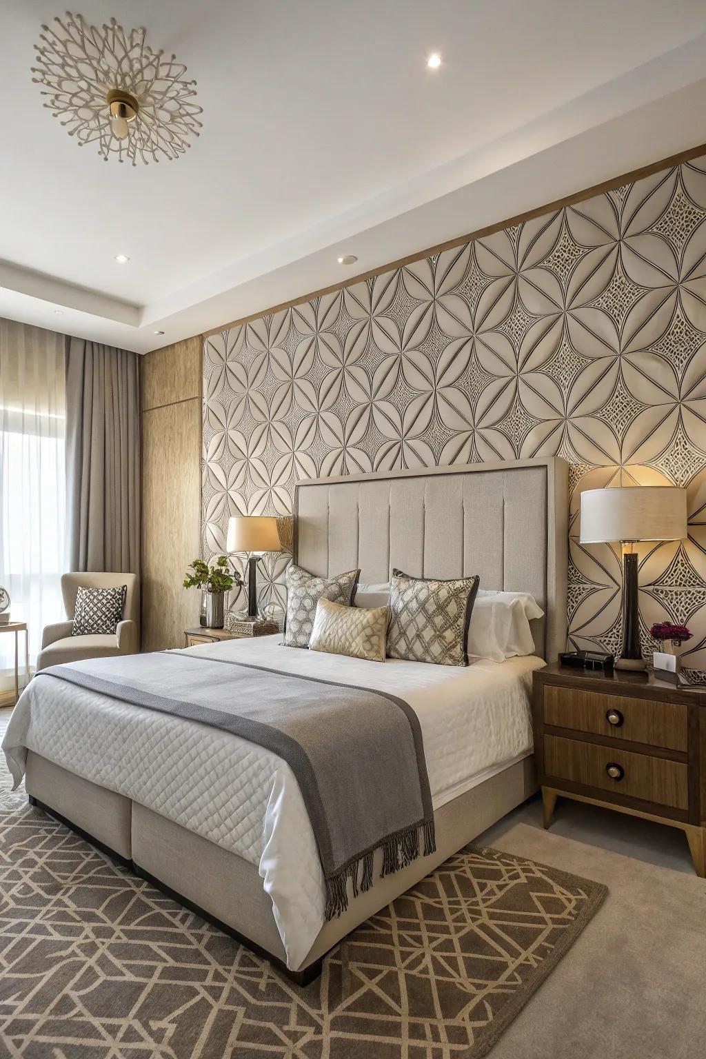 Geometric patterns add modern dynamism to your headboard wall.