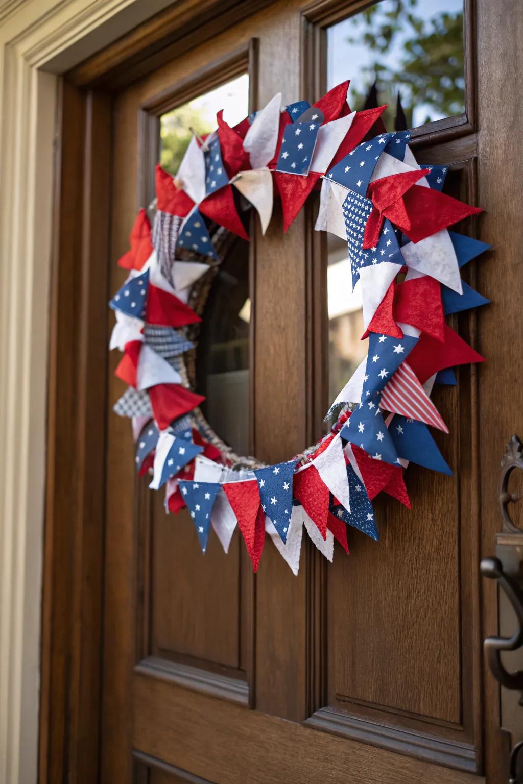 A striking display with fabric flags on a wreath.