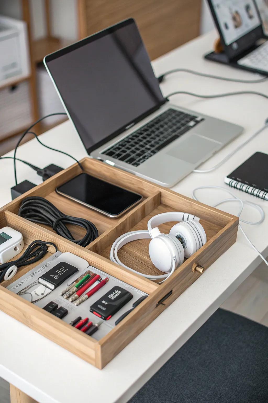 An organized desk with concealed wires keeps the office tidy and streamlined.