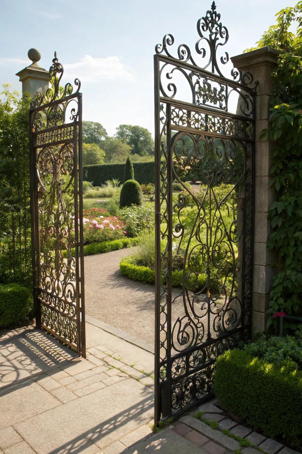 Metal screen gates offer privacy with an artistic flair.