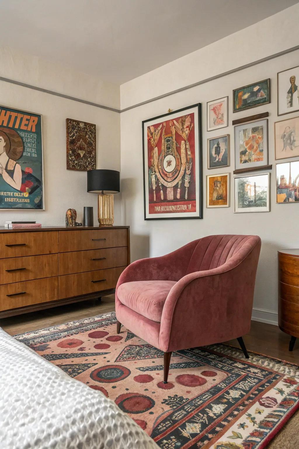 Bold retro art pieces add character to this mid-century modern bedroom.