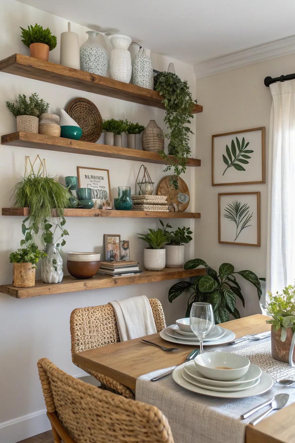 Floating shelves offer a stylish and practical storage solution.