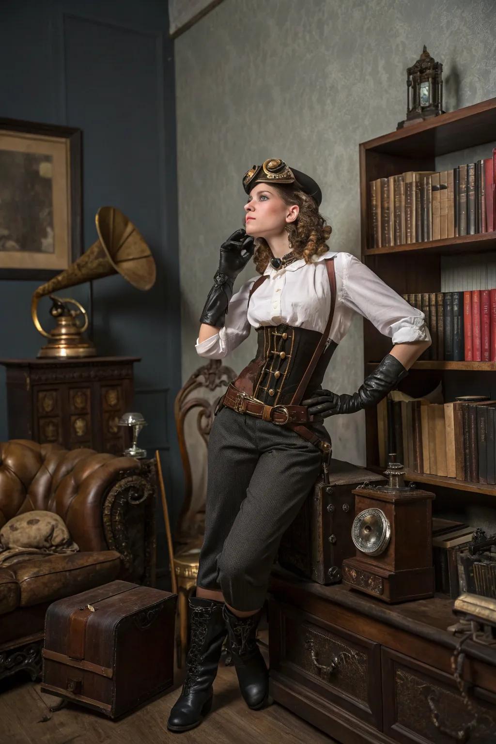A sophisticated steampunk ensemble with imaginative details.