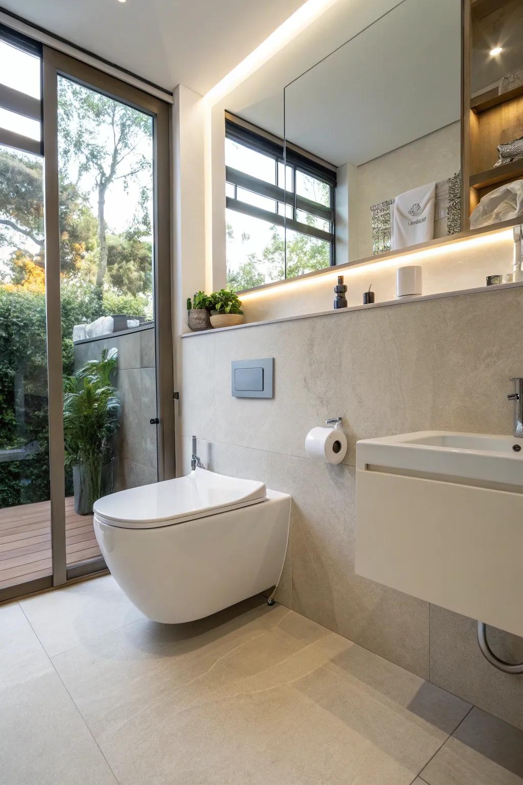 A wall-mounted toilet contributes to a clean and streamlined look.