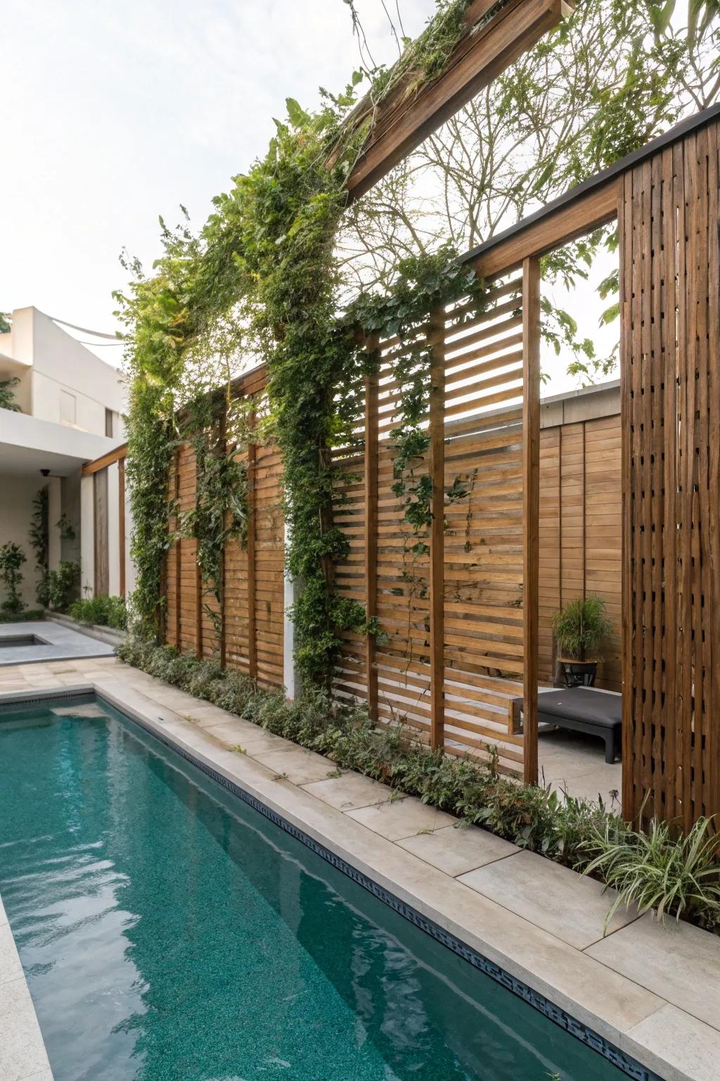 Privacy screens create an intimate pool setting.