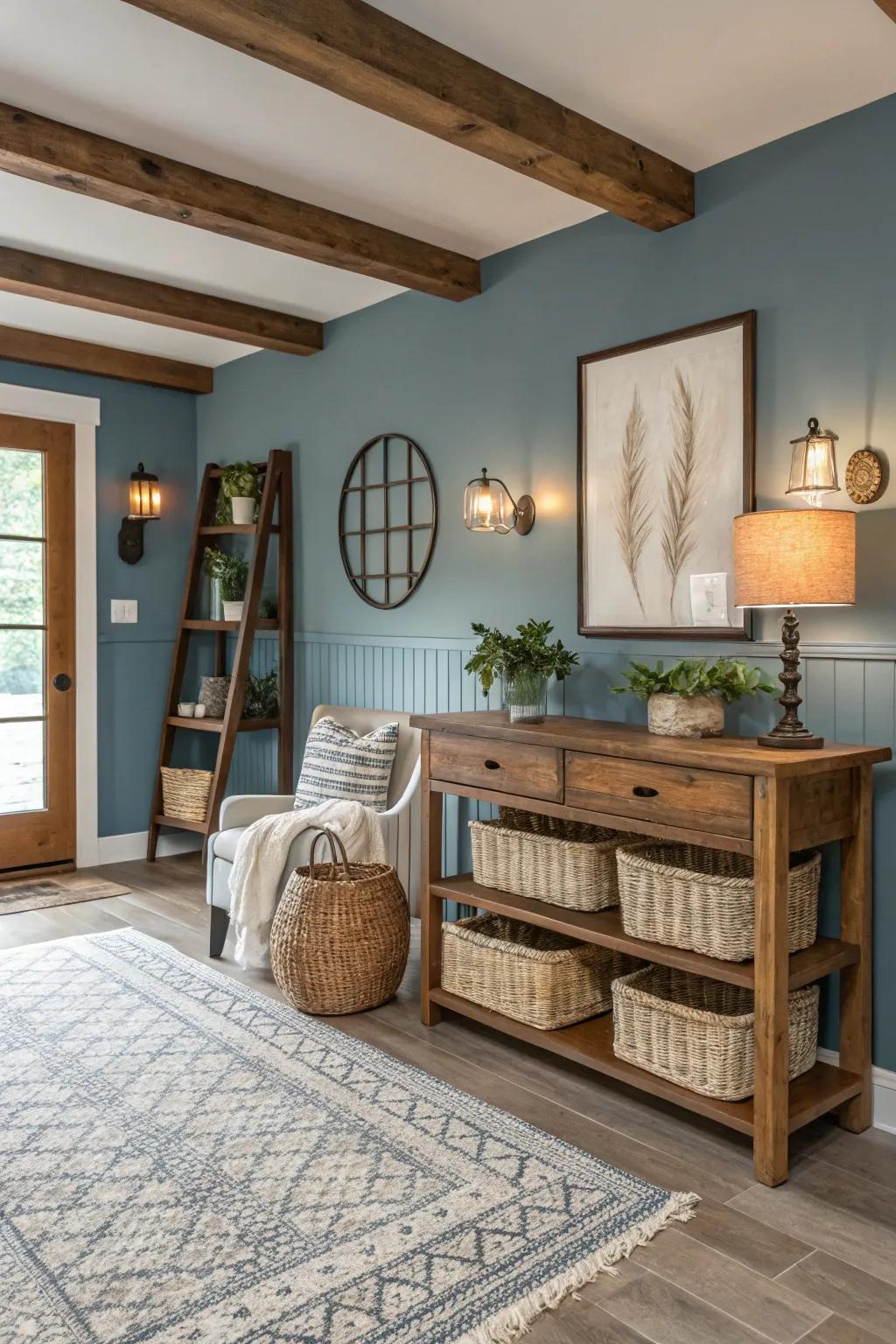 Unexpected colors like dusty blue bring a refreshing twist to this farmhouse interior.