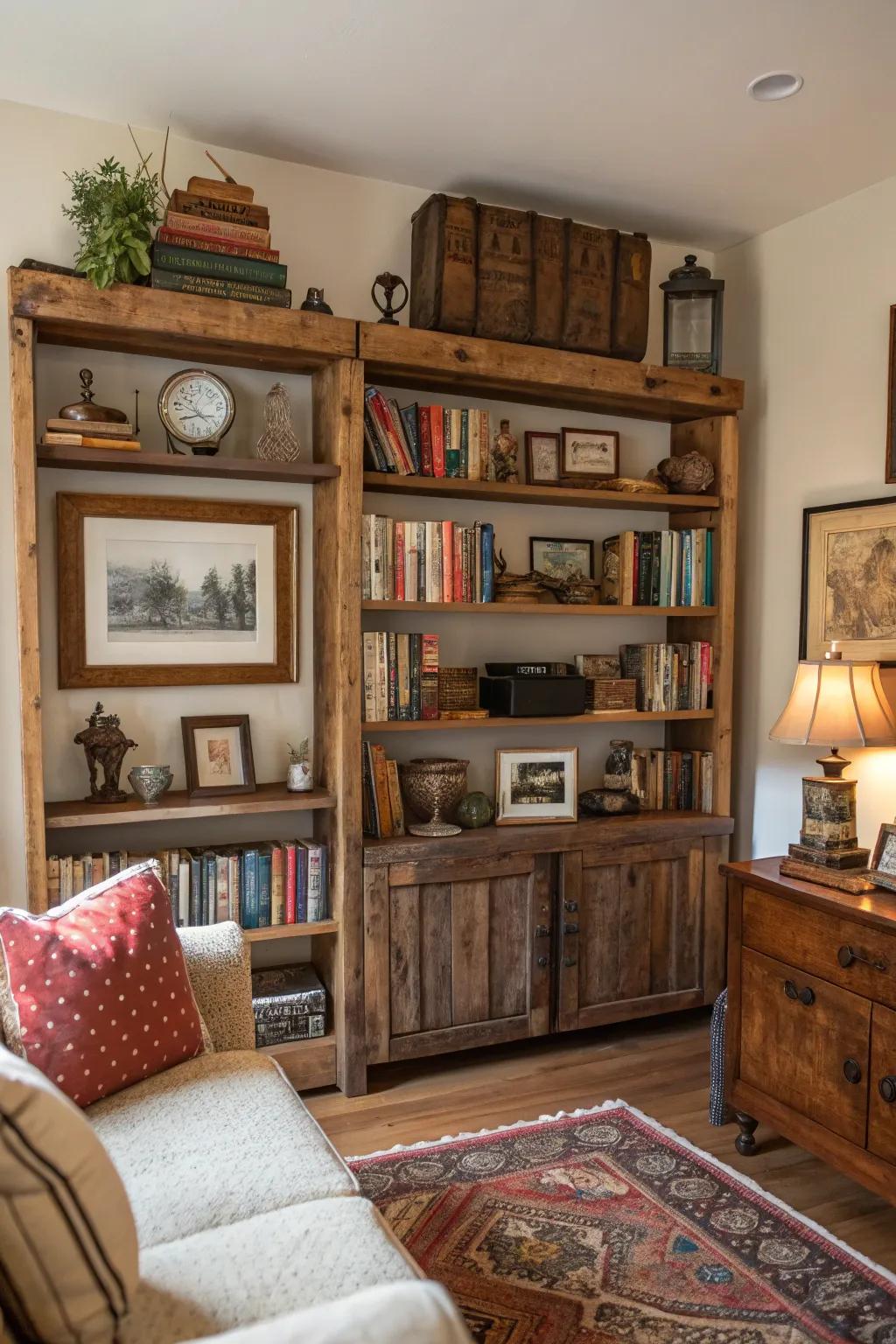 Rustic shelving offers both display space and a stylistic element in the farmhouse living room.