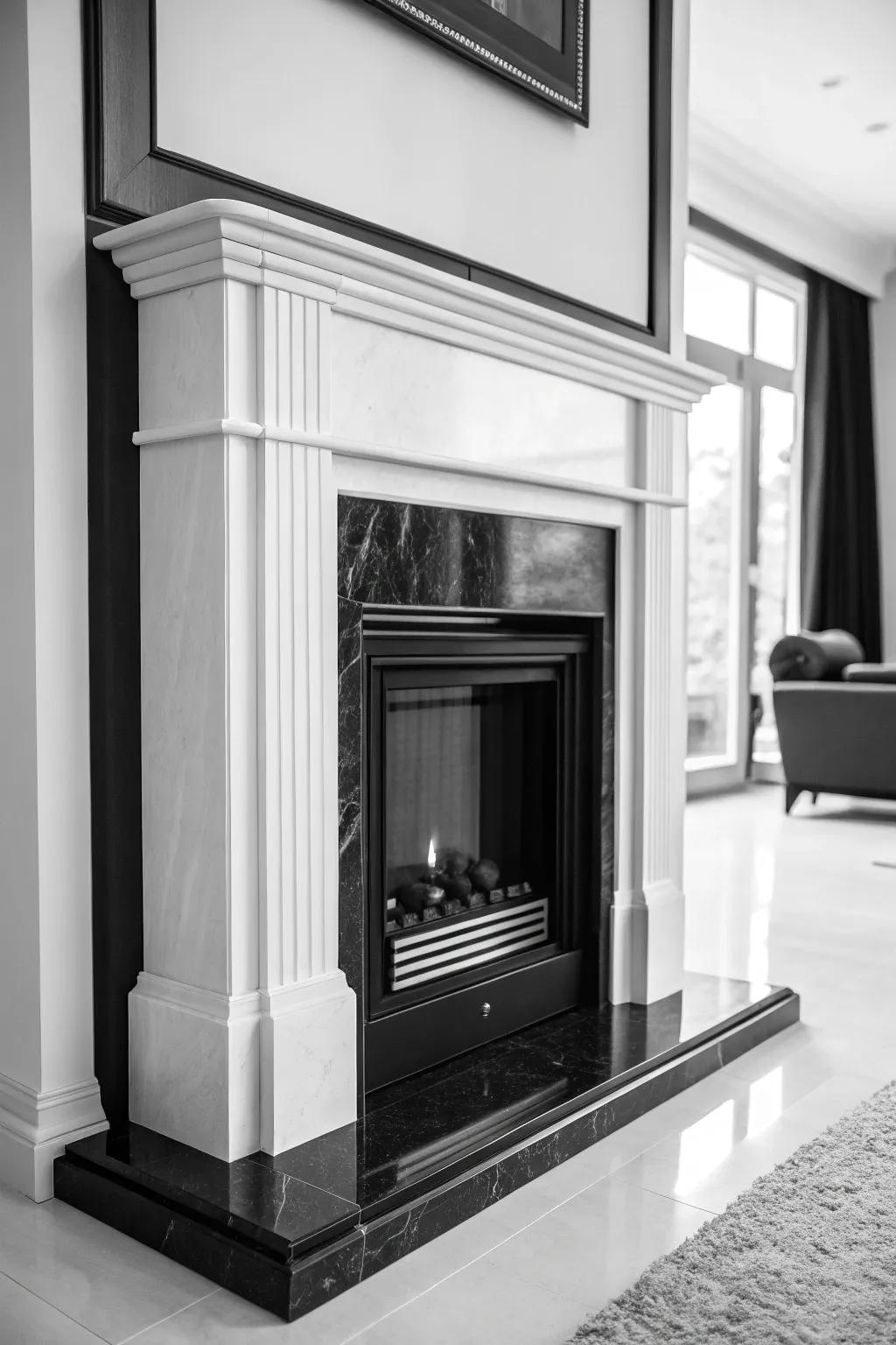 A monochrome fireplace that adds bold sophistication to the room.