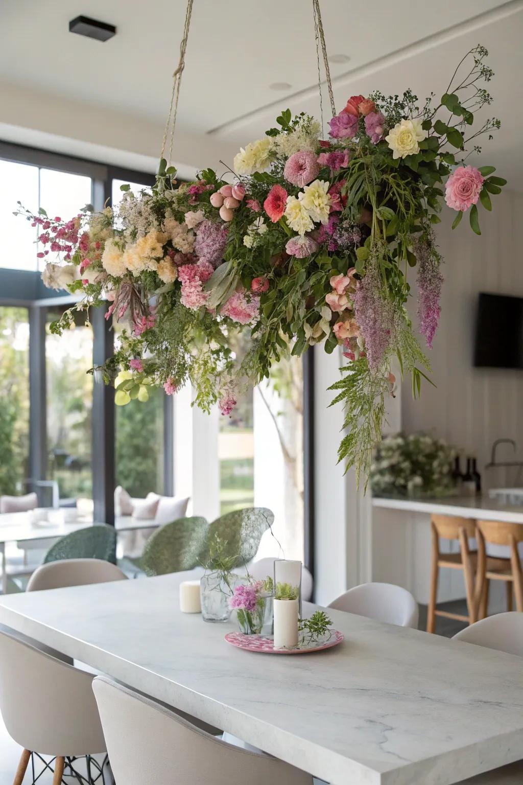 A hanging flower arrangement creating a stunning floating effect.