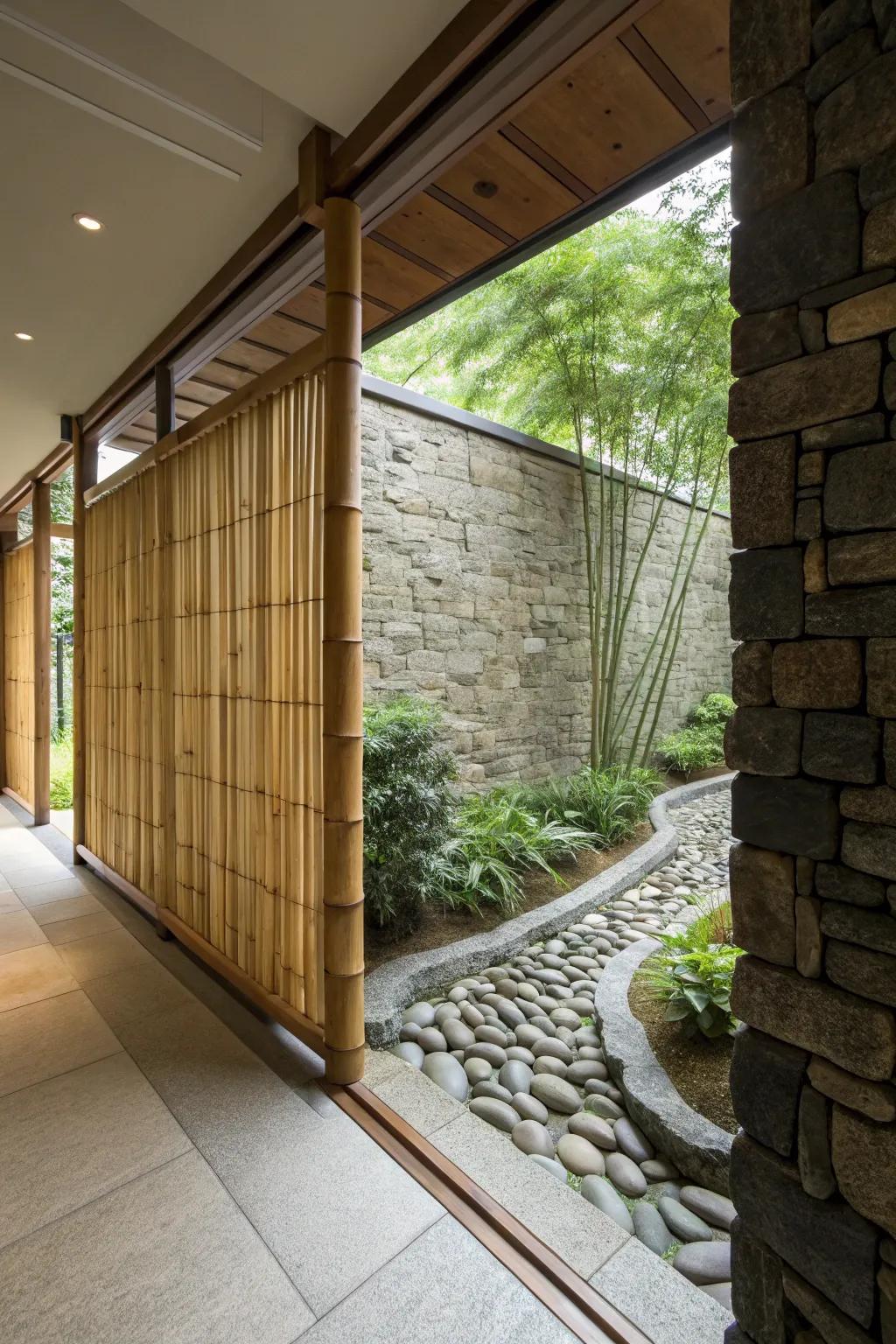 Natural materials on a half wall offer a tranquil, zen ambiance.