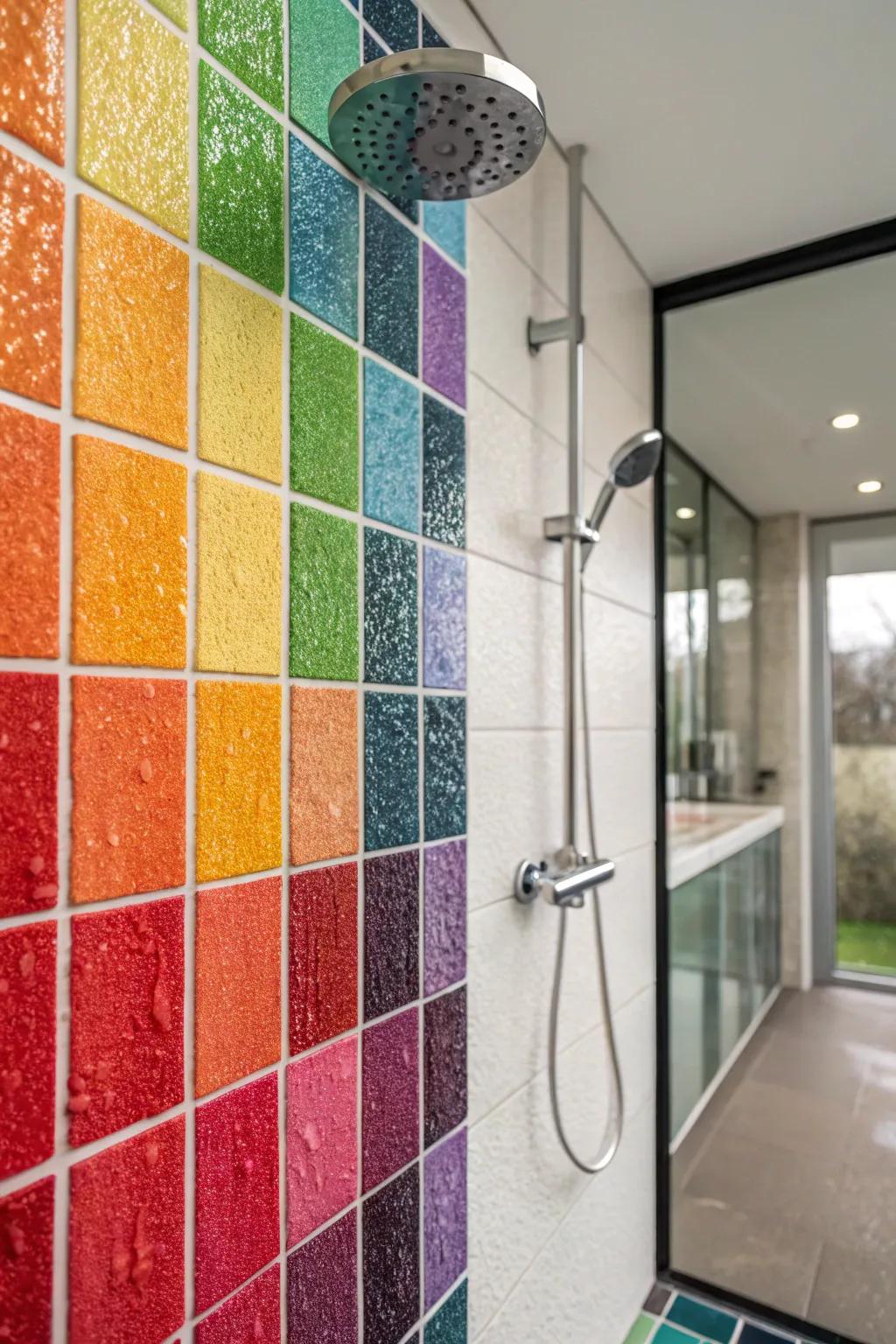 A bold shower design featuring vibrant colors and textured tiles.