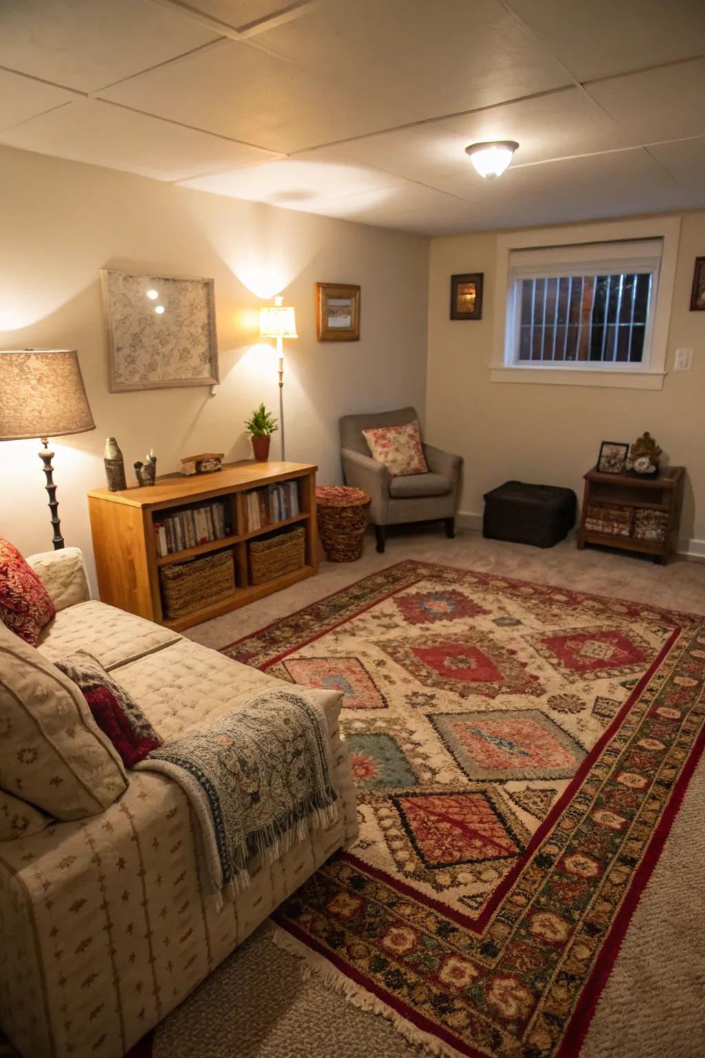 A small living room utilizing rugs to create defined zones.