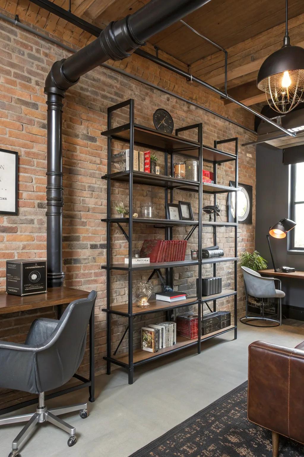 Industrial accents like metal pipes add an edgy touch.
