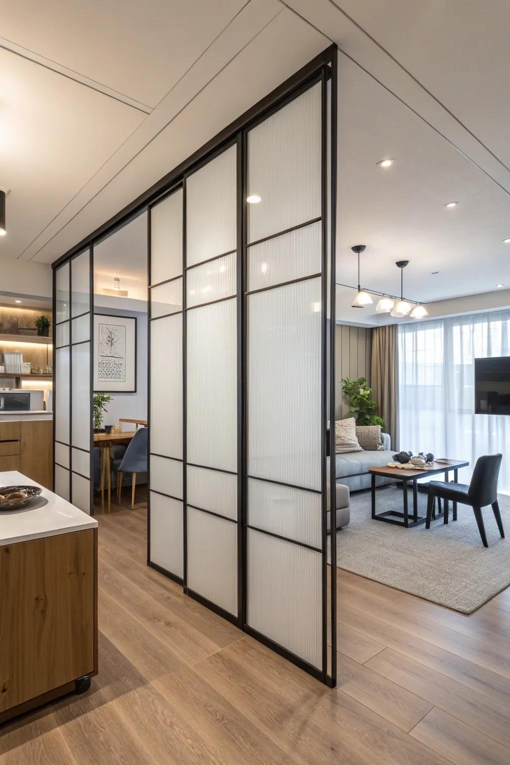 A studio apartment using movable partitions to create flexible and private spaces.