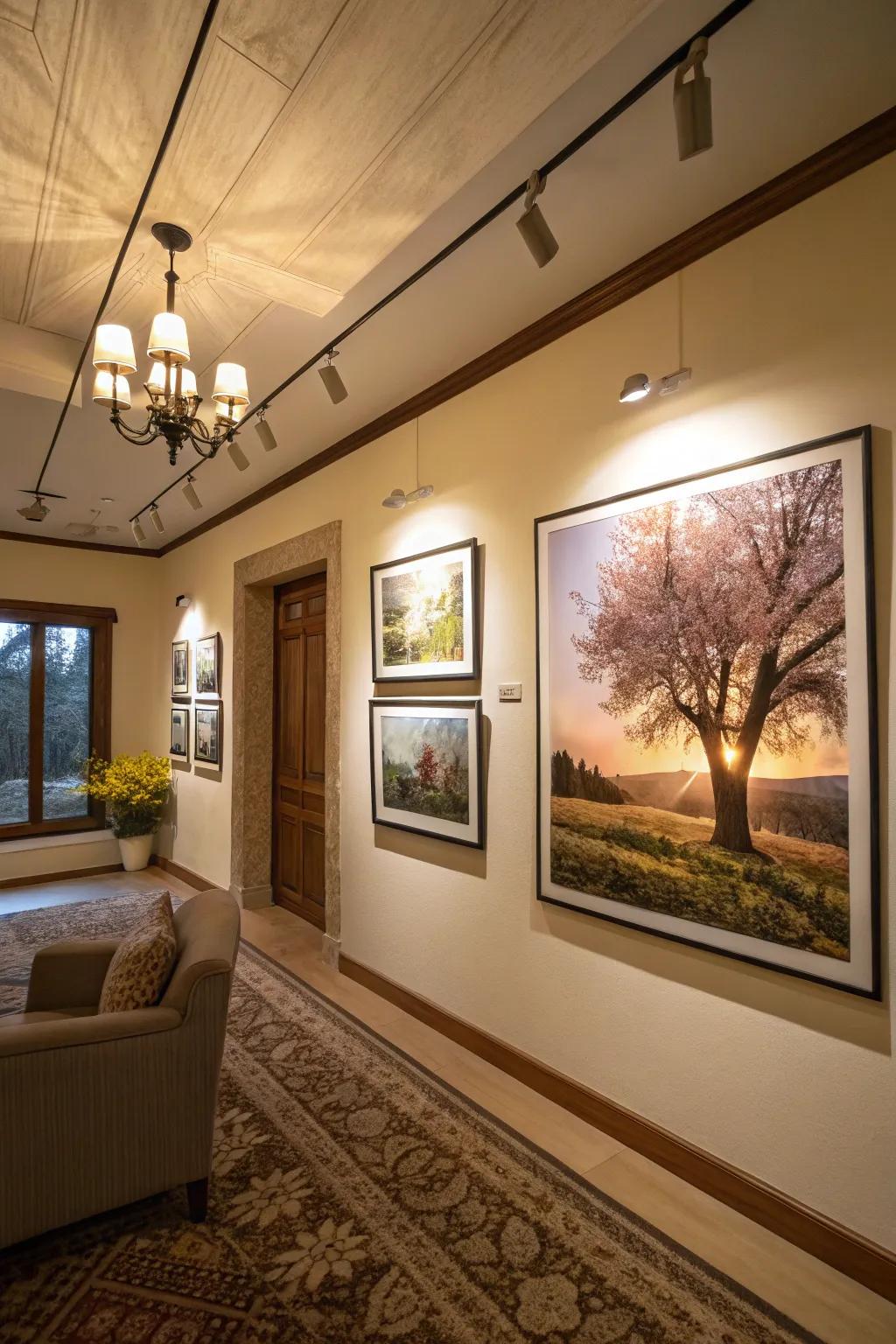 Elegant room showcasing framed nature photography.