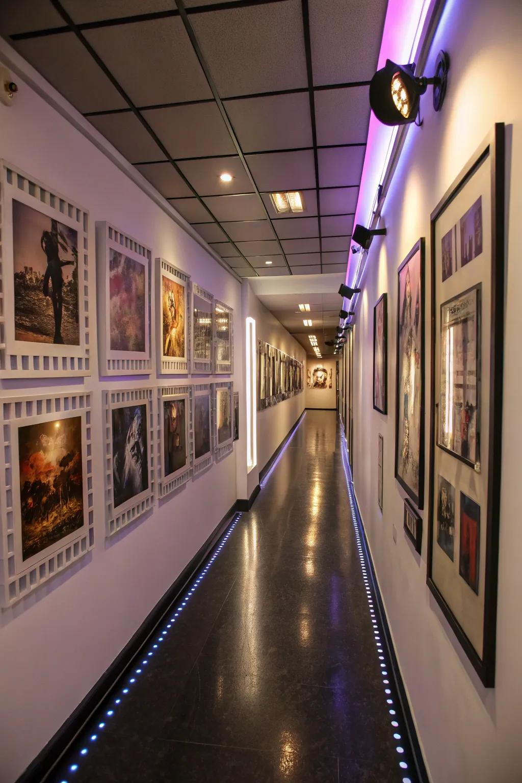 A hallway showcasing cinematic storyboard artwork.