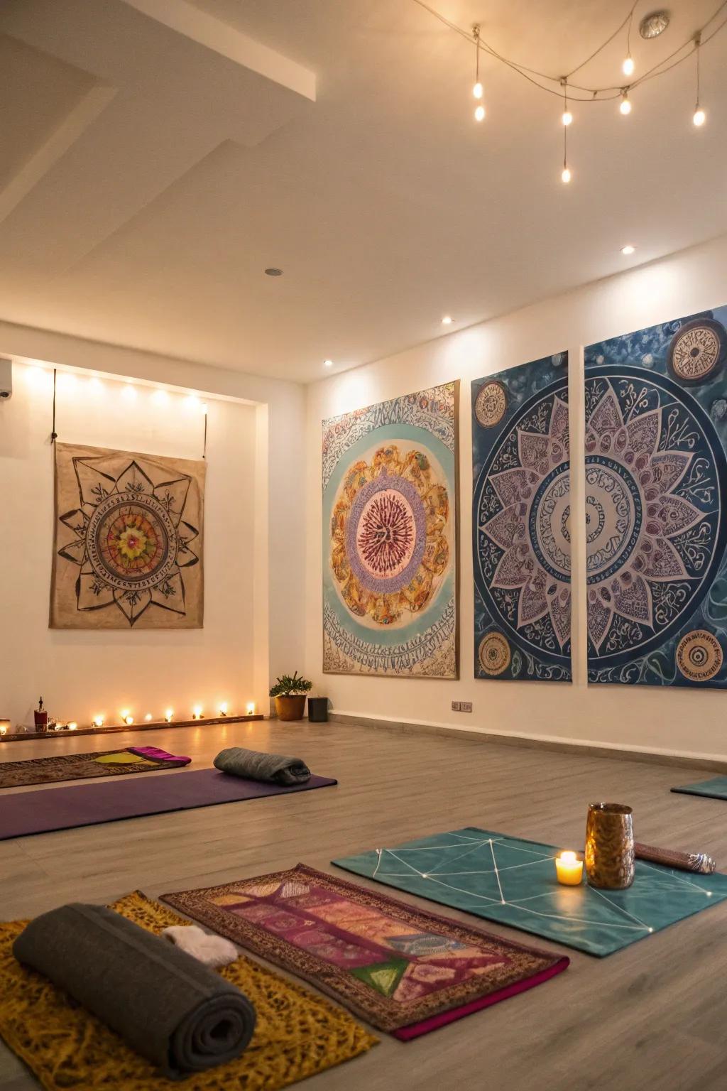 Mystical mandalas across multiple canvases, creating a serene sanctuary in the yoga room.