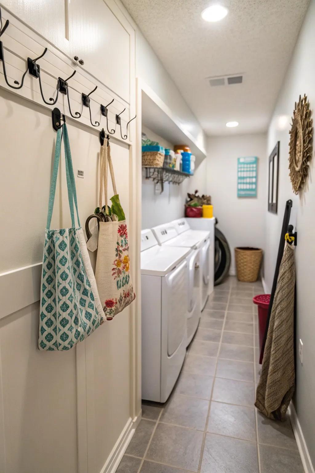 Decorative hooks offer practical storage and a touch of style.