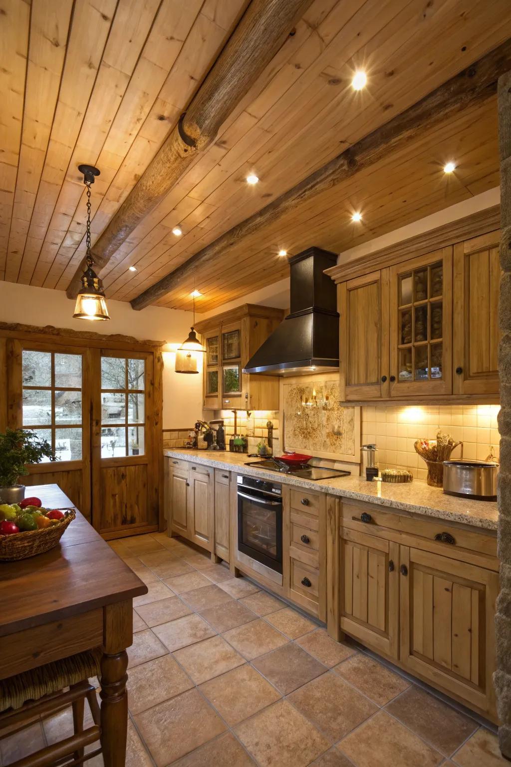 Wooden ceiling panels add a layer of warmth and elegance.