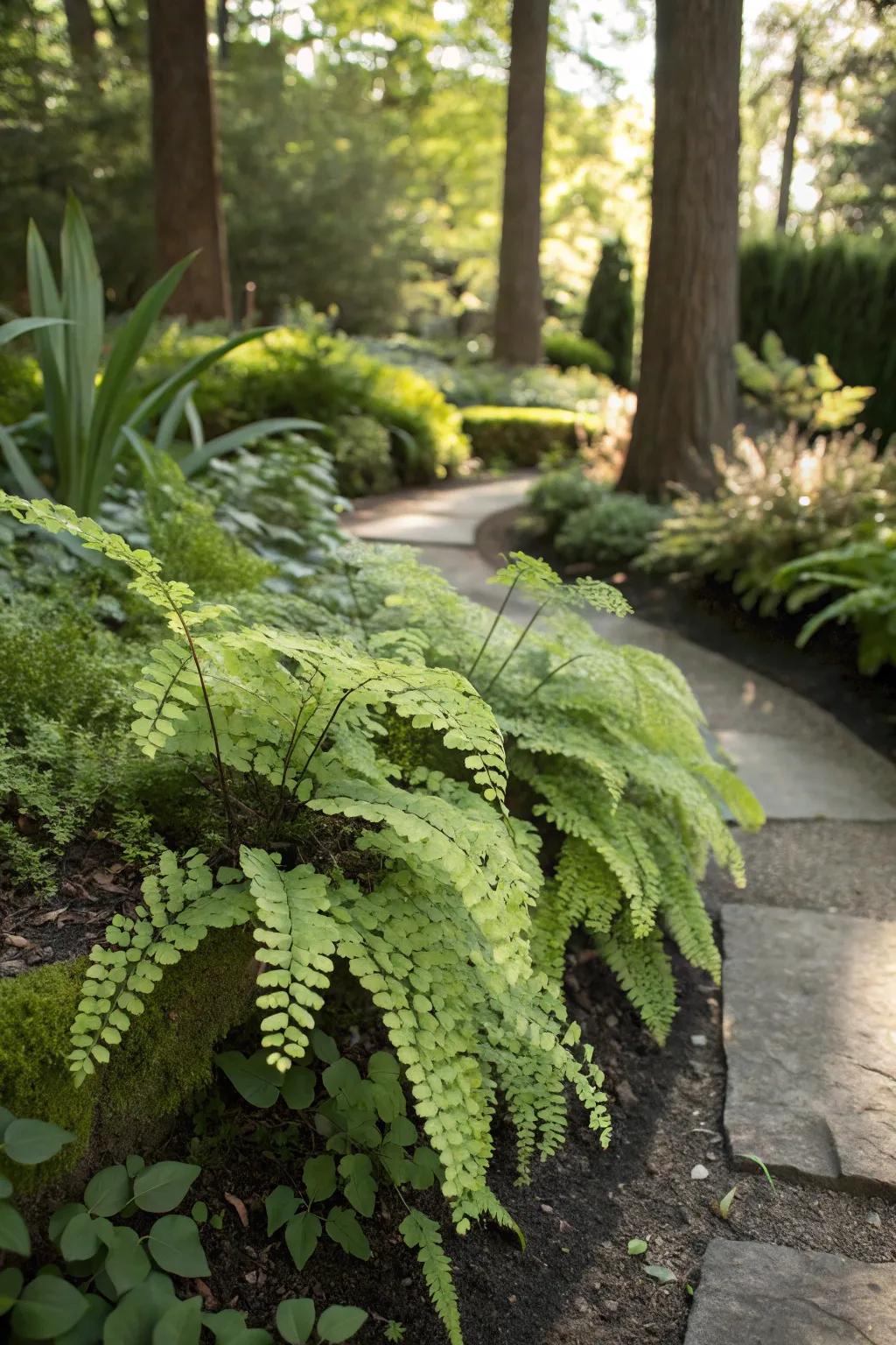 Maidenhair ferns offering delicate beauty with their airy fronds.