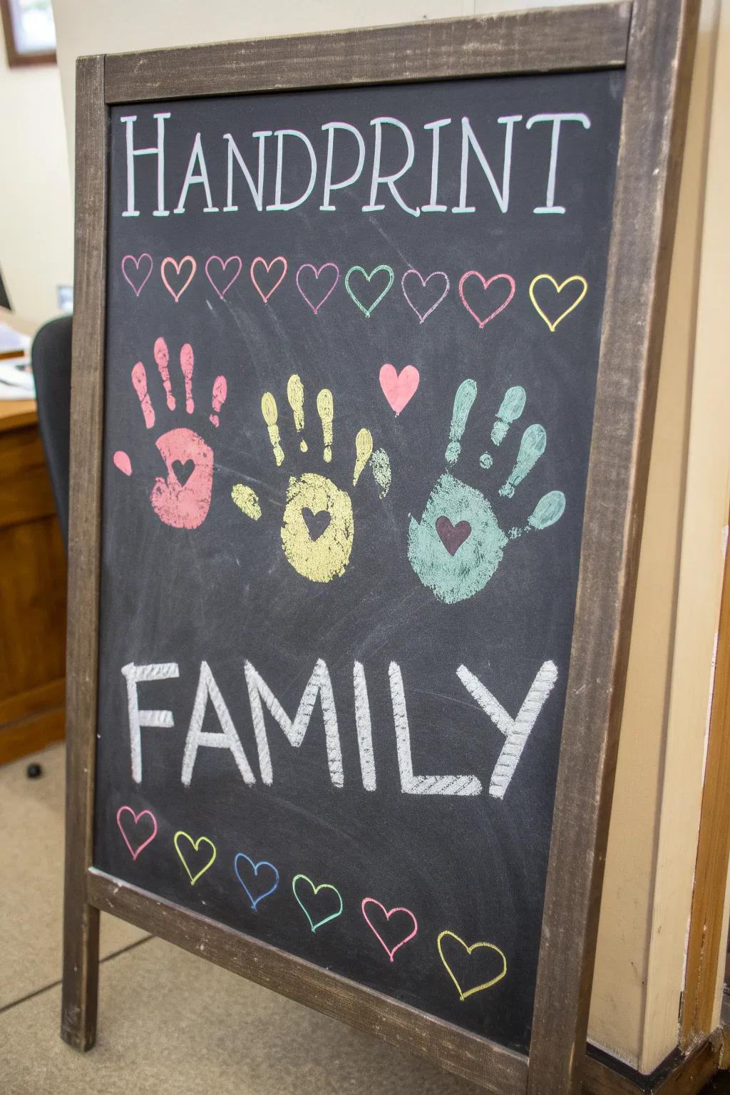 Family handprints on a chalkboard, celebrating togetherness and memories.