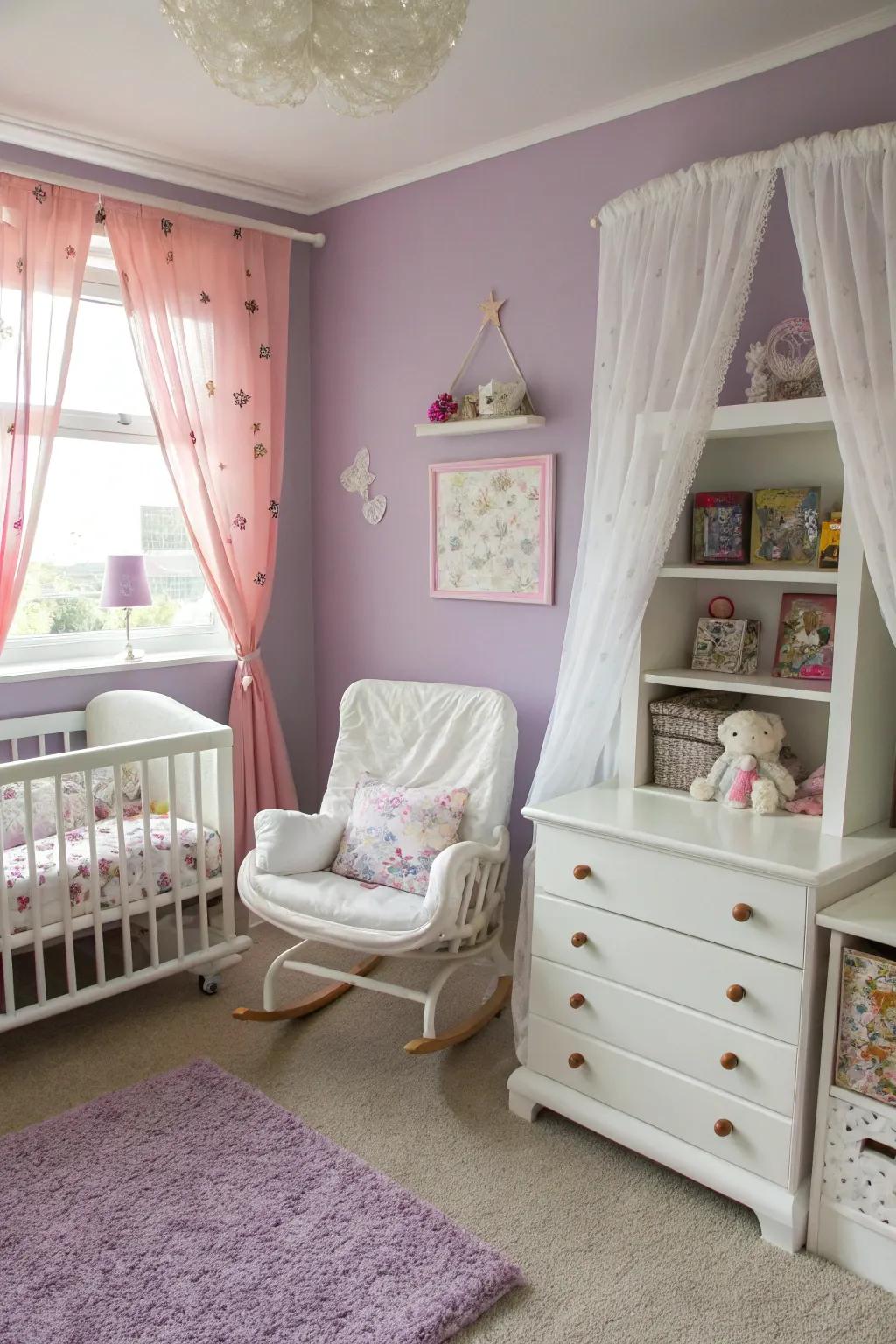 A dreamy nursery with serene lilac hues.