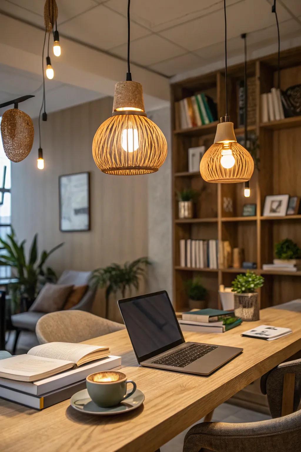 Create a warm atmosphere with wooden pendant lighting.