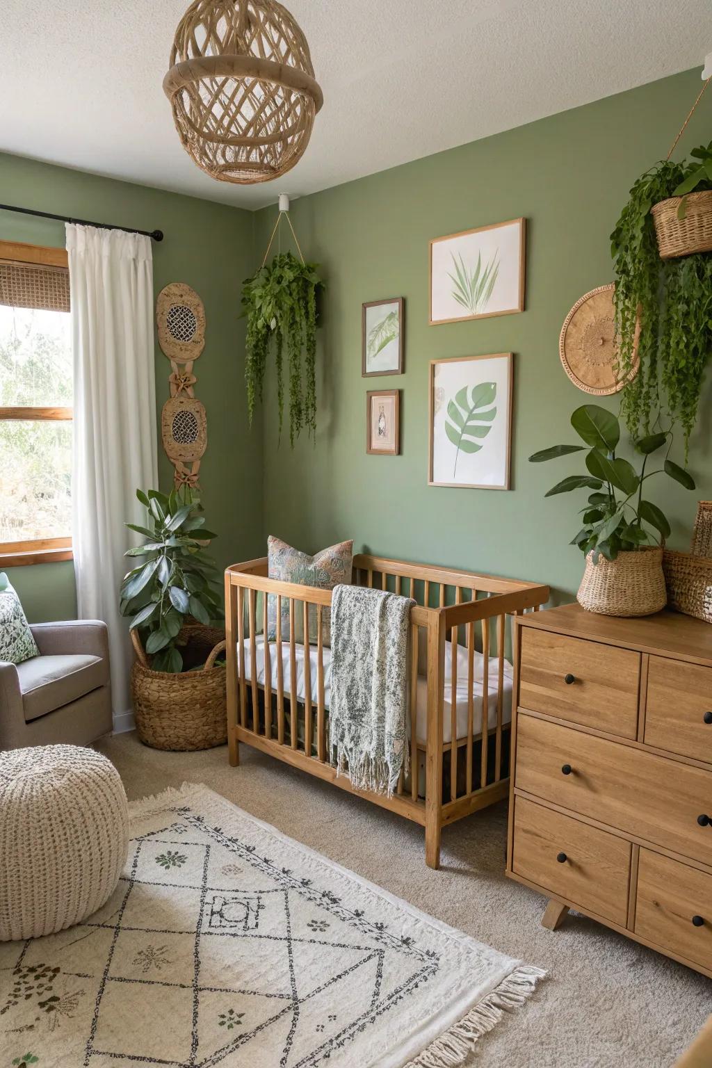 A nurturing nursery with peaceful olive green walls.