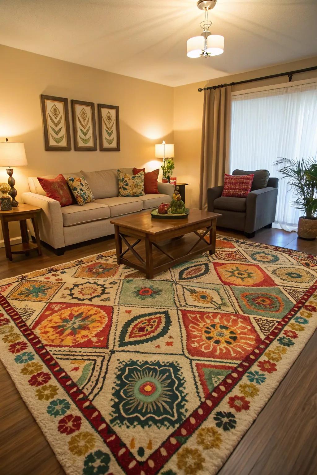 A statement rug ties the room together.