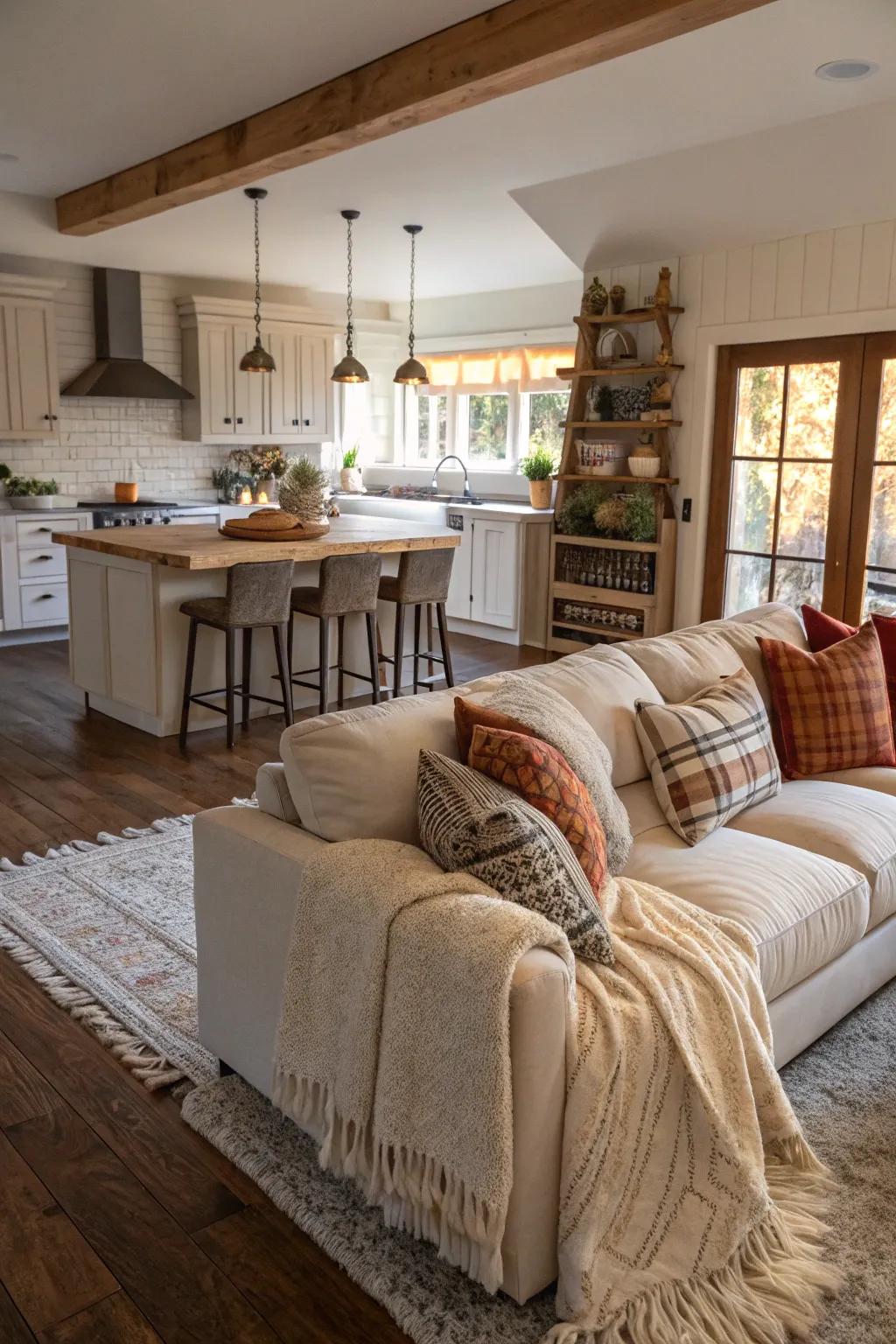 Cozy textiles add warmth and comfort to an open living space.