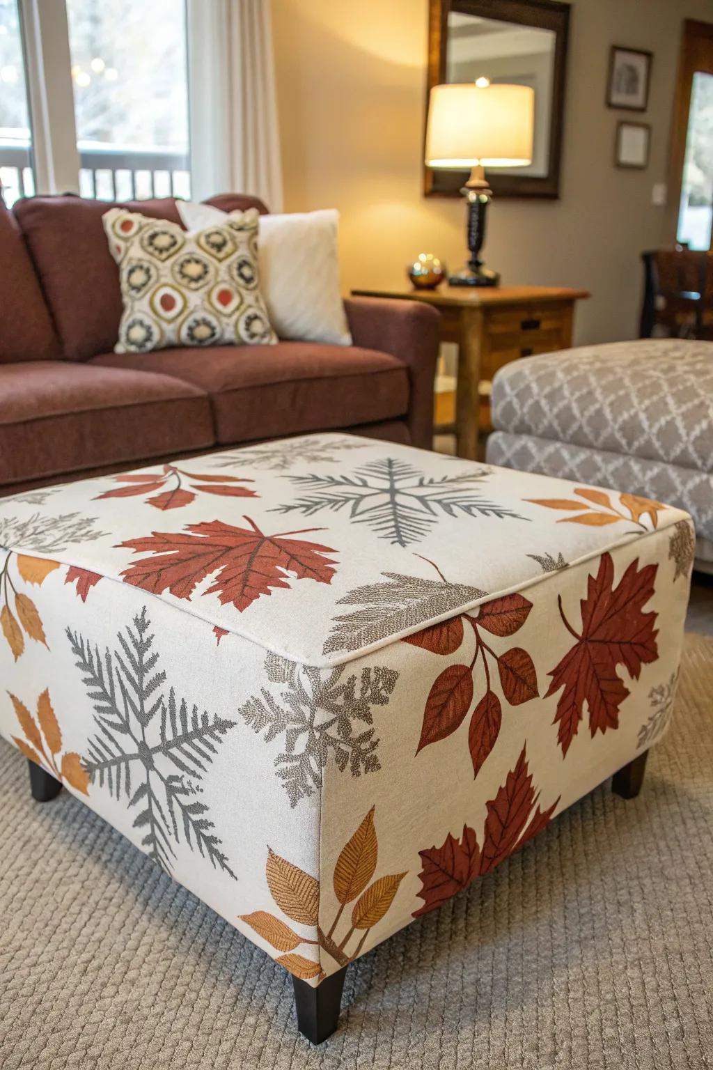 Seasonal ottoman covers offer a fresh look year-round.