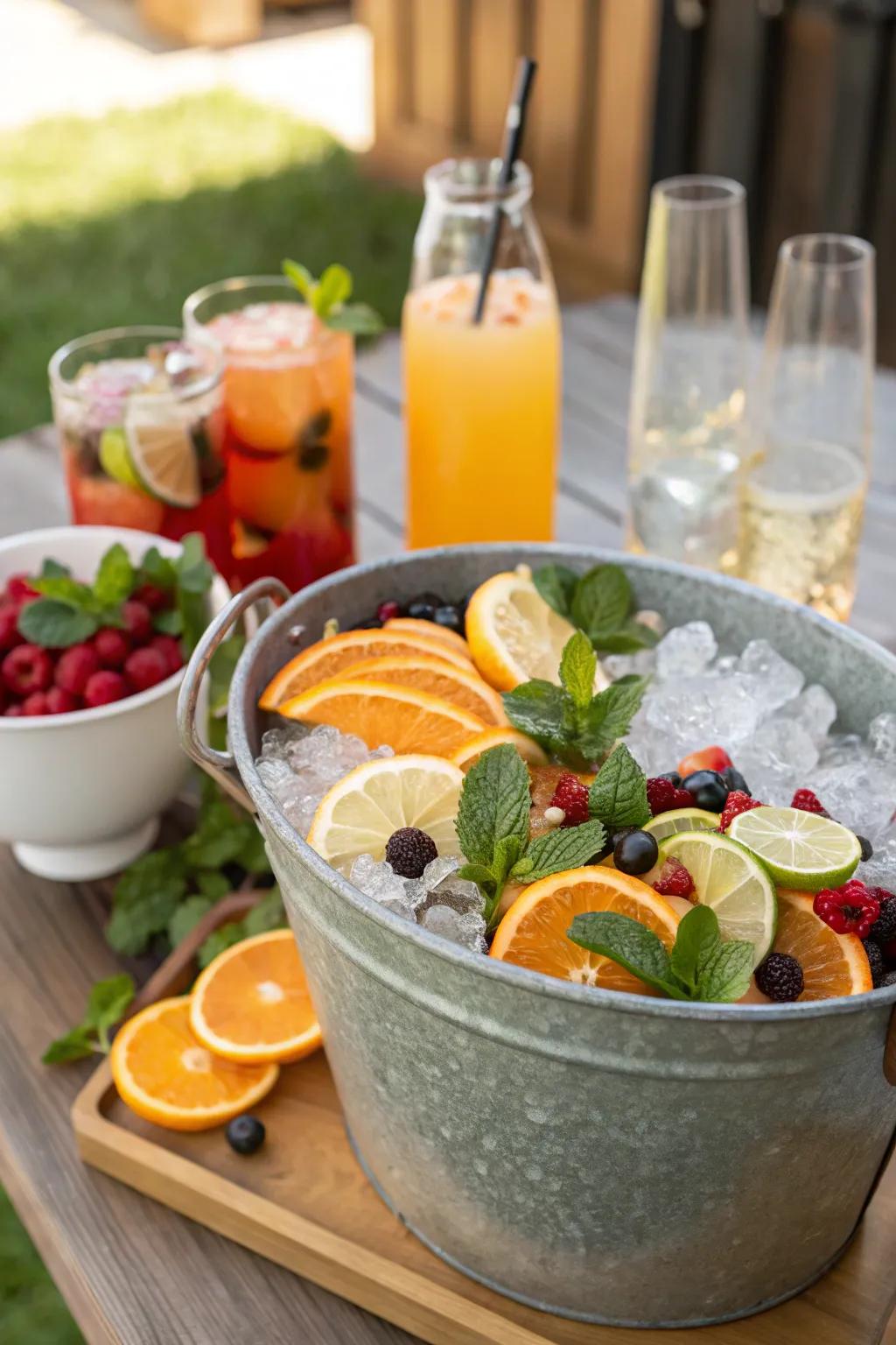 An ice bucket with fruit garnishes adds a fresh touch.