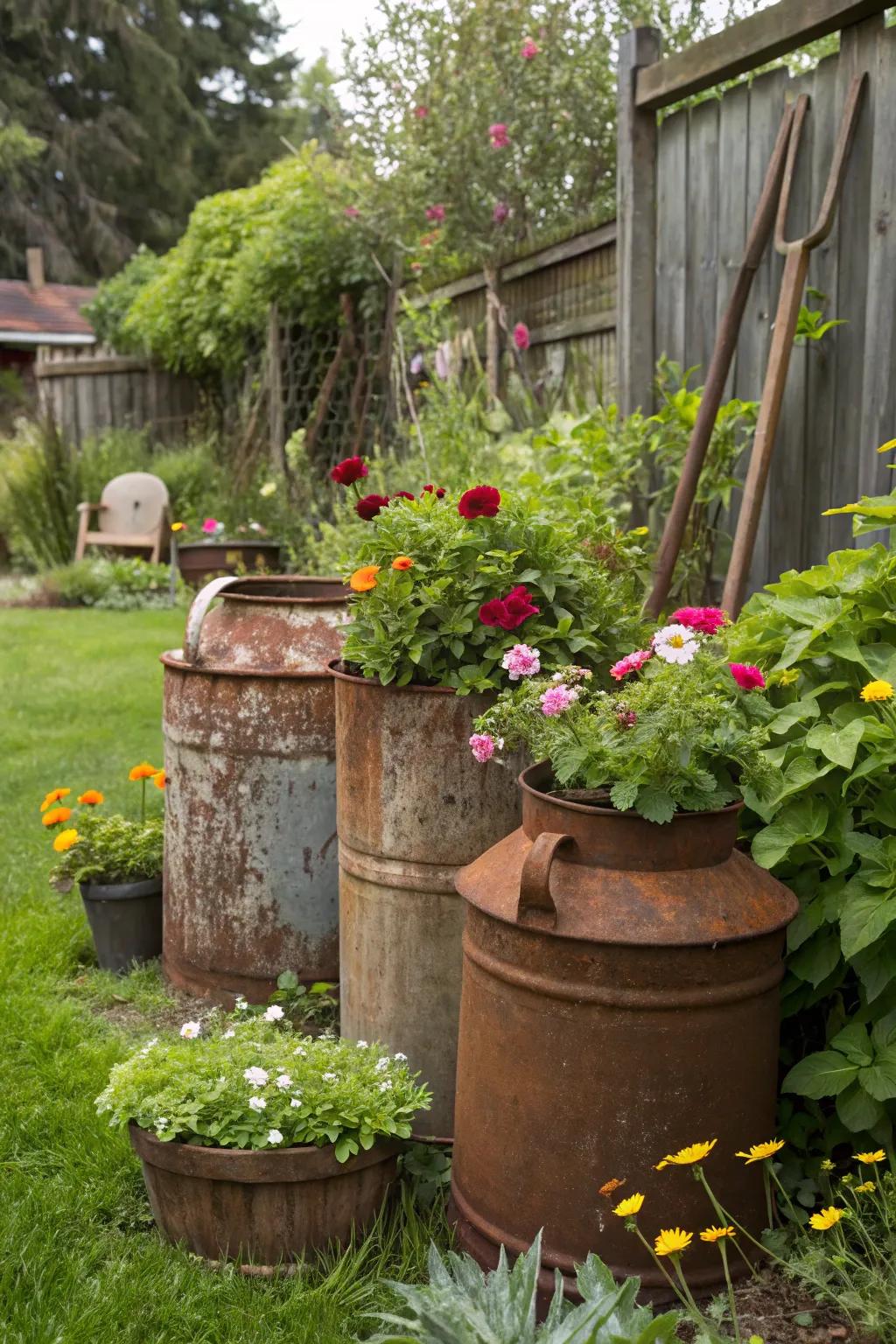 Vintage containers adding a nostalgic touch to the garden.