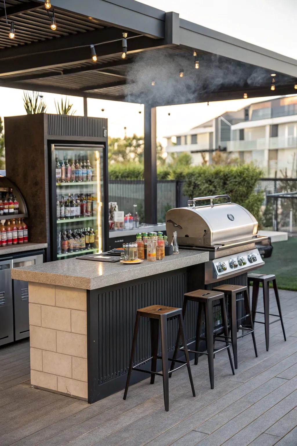 Create a lively atmosphere with a grill station and outdoor bar.