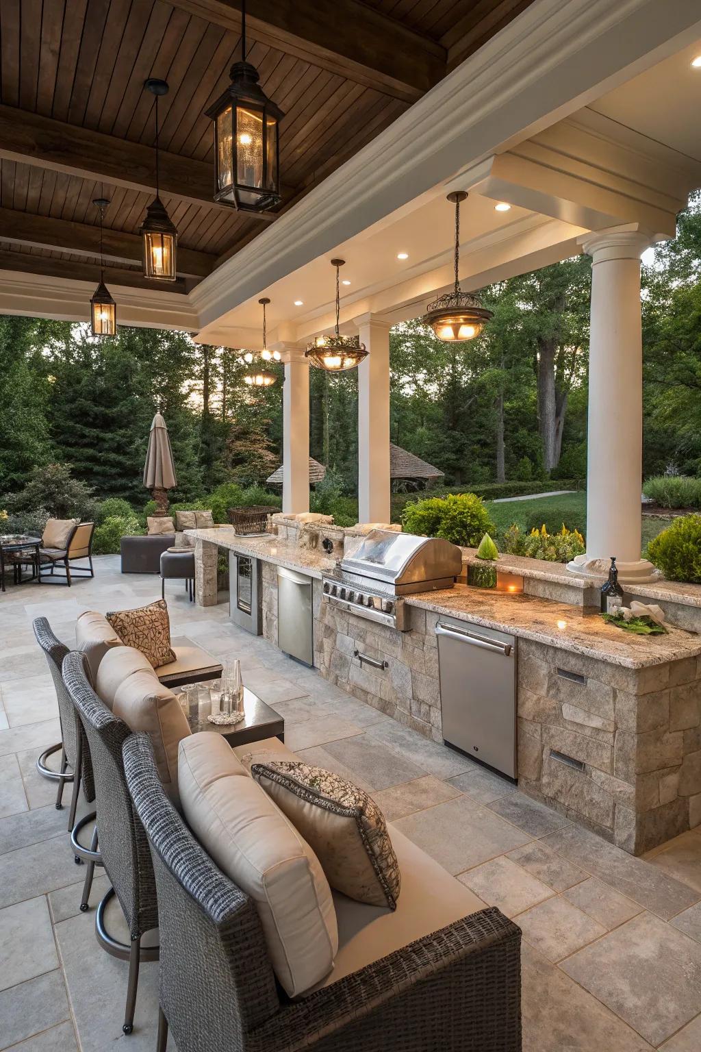 High-end elements turn your outdoor kitchen bar into a luxury escape.