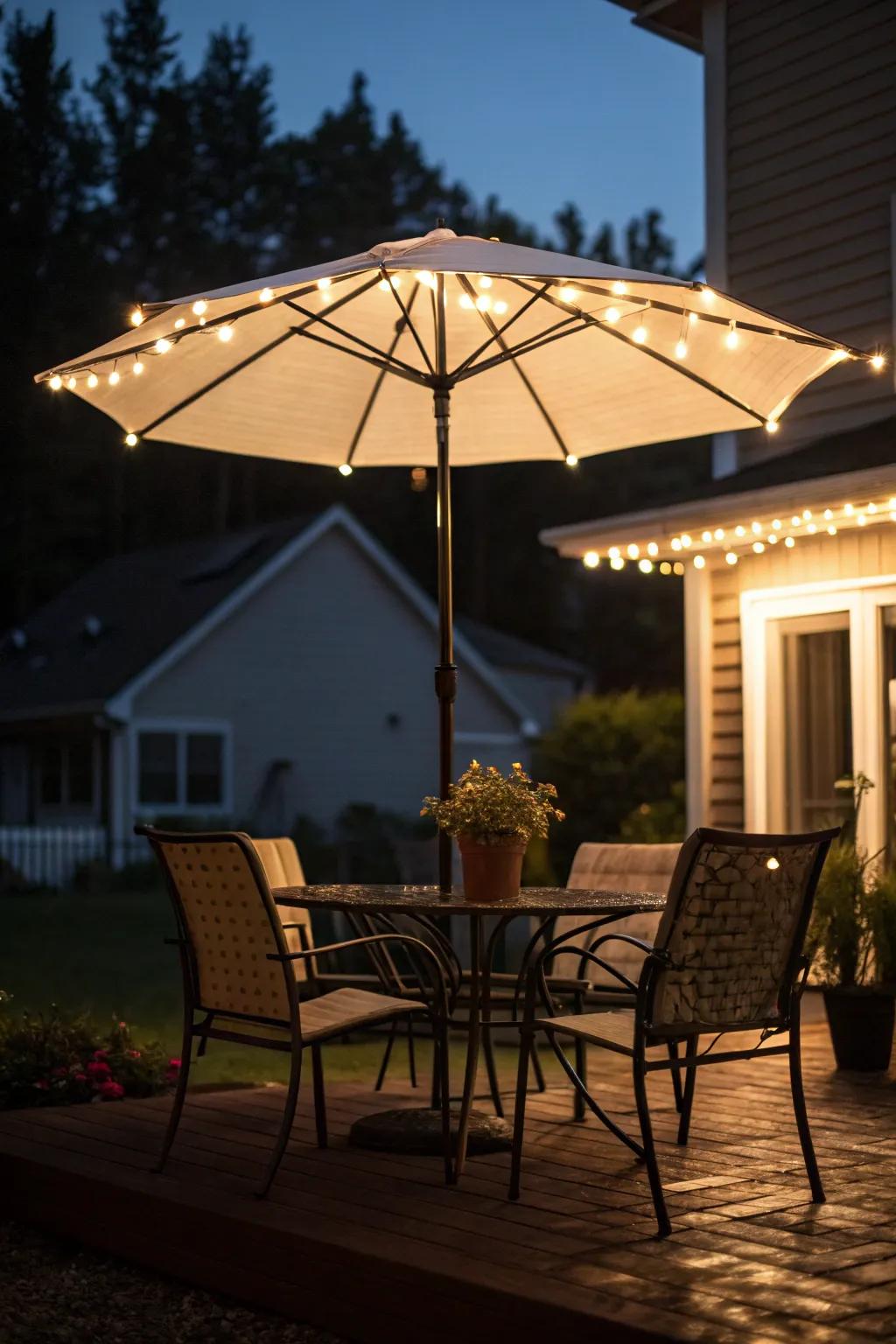 Lighted umbrellas extend the usability of your patio into the evening.