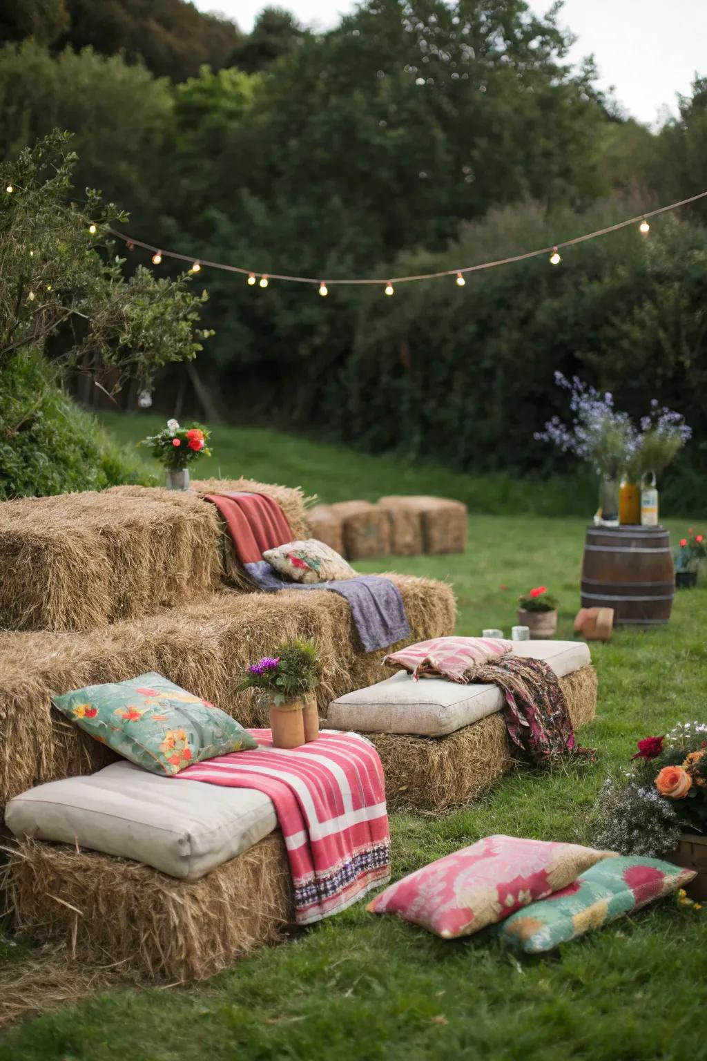 Hay bale seating brings rustic charm and comfort to your outdoor setting.