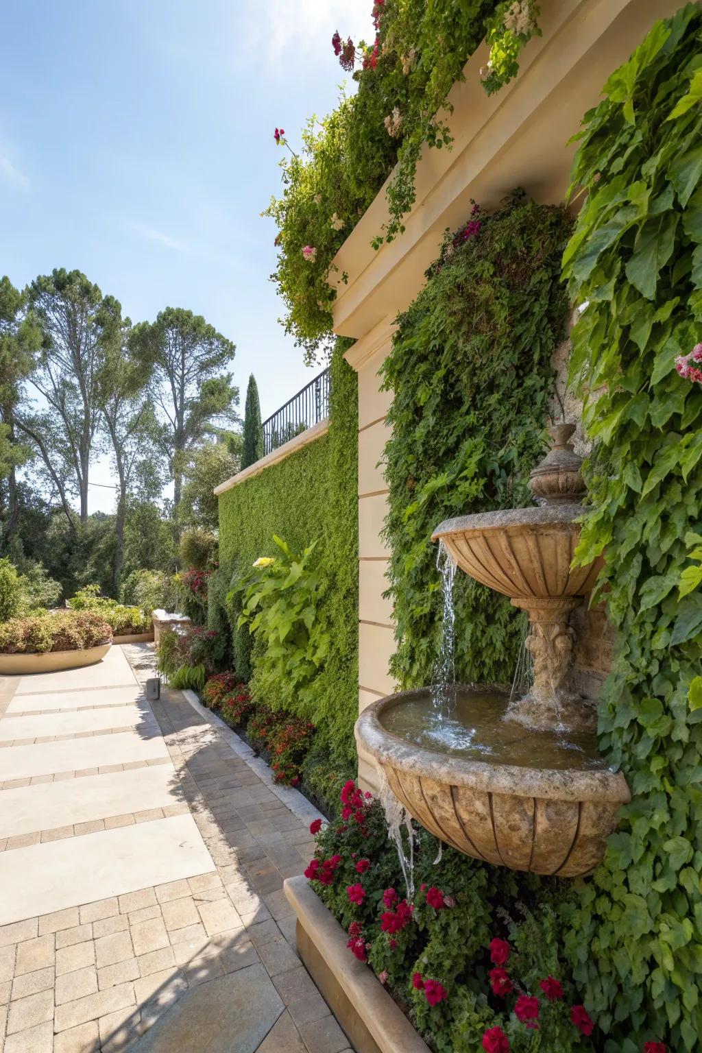 Vertical gardens create a lush effect with wall fountains.