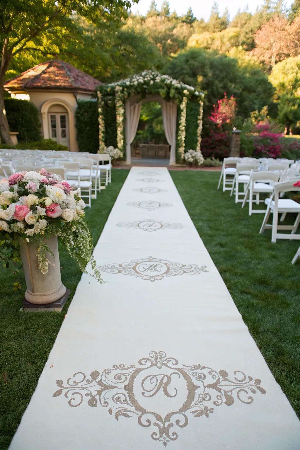 A custom aisle runner adds a personalized touch to your wedding.