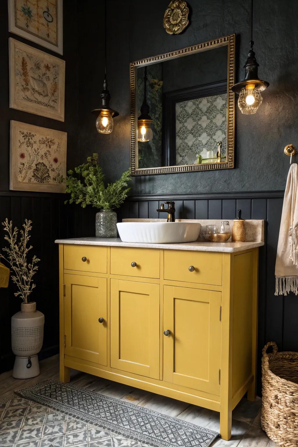 Mustard yellow vanities bring retro charm.