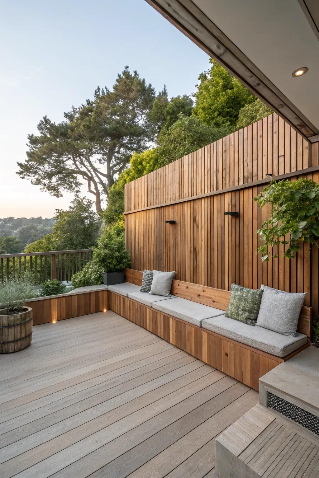 A patio with a wooden wall and integrated seating.