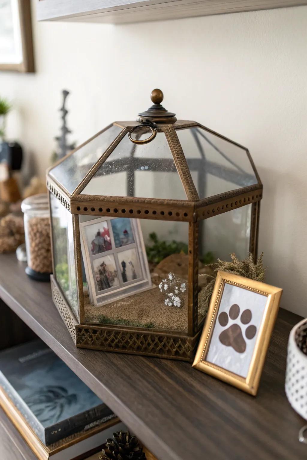 A meaningful memorial shadow box with a paw print.