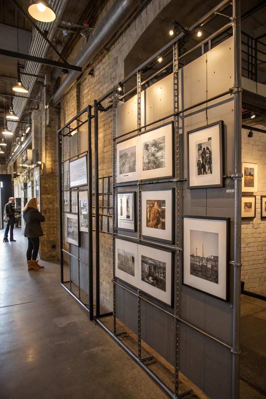 Industrial picture wall with metal frames.