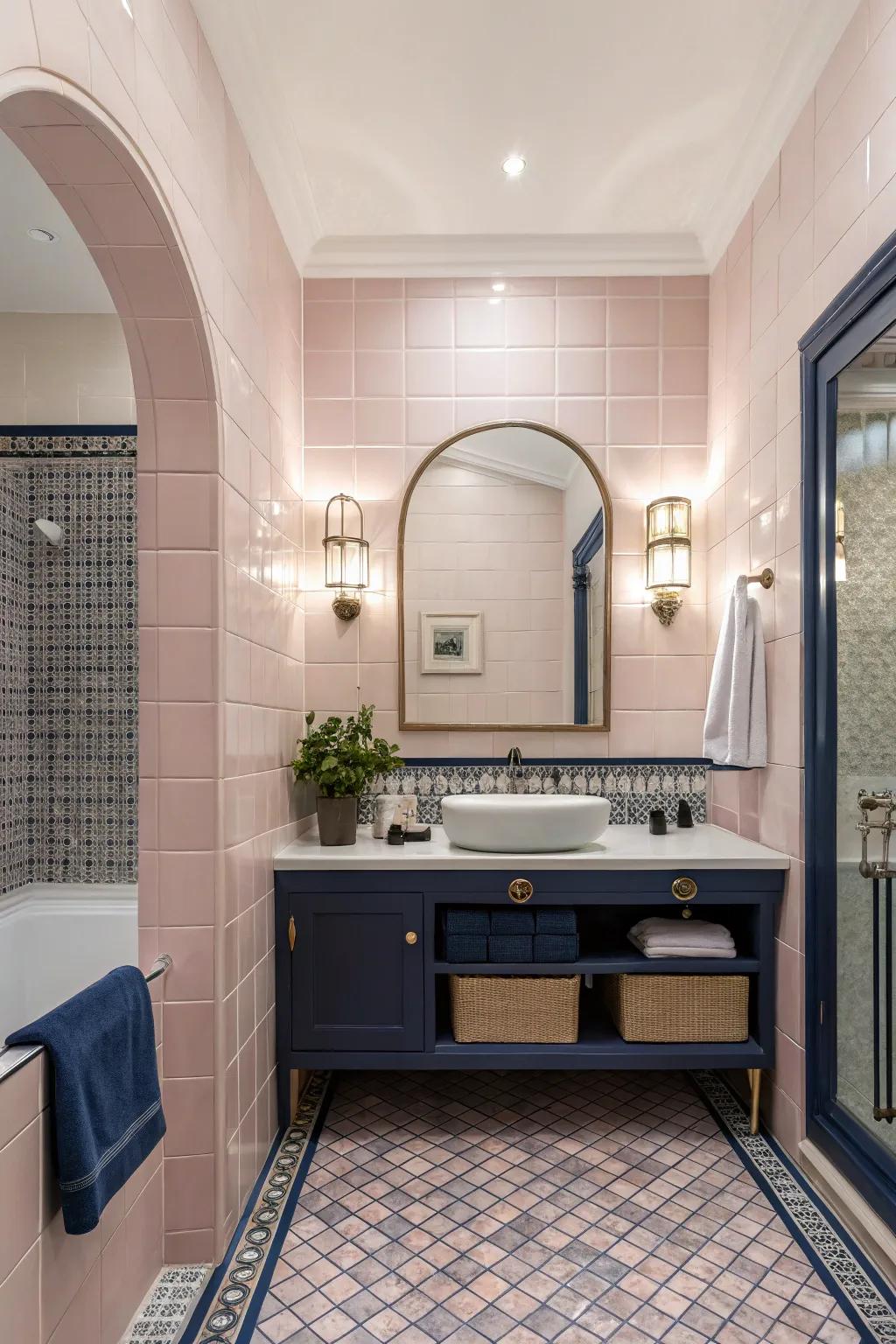 An elegant combination of pink tiles with navy accents.