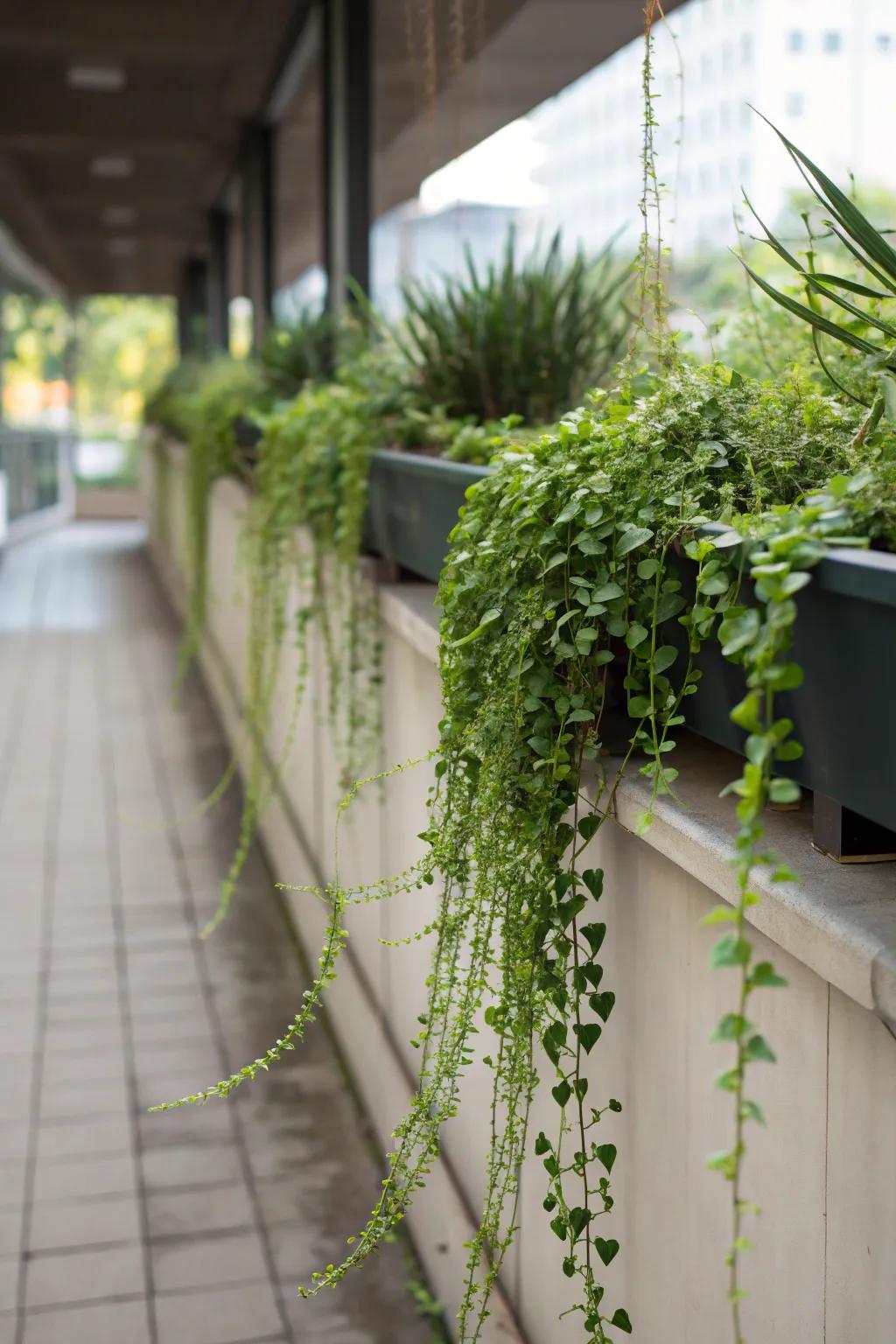 Cascading plants soften the lines and create visual flow on this plant ledge.