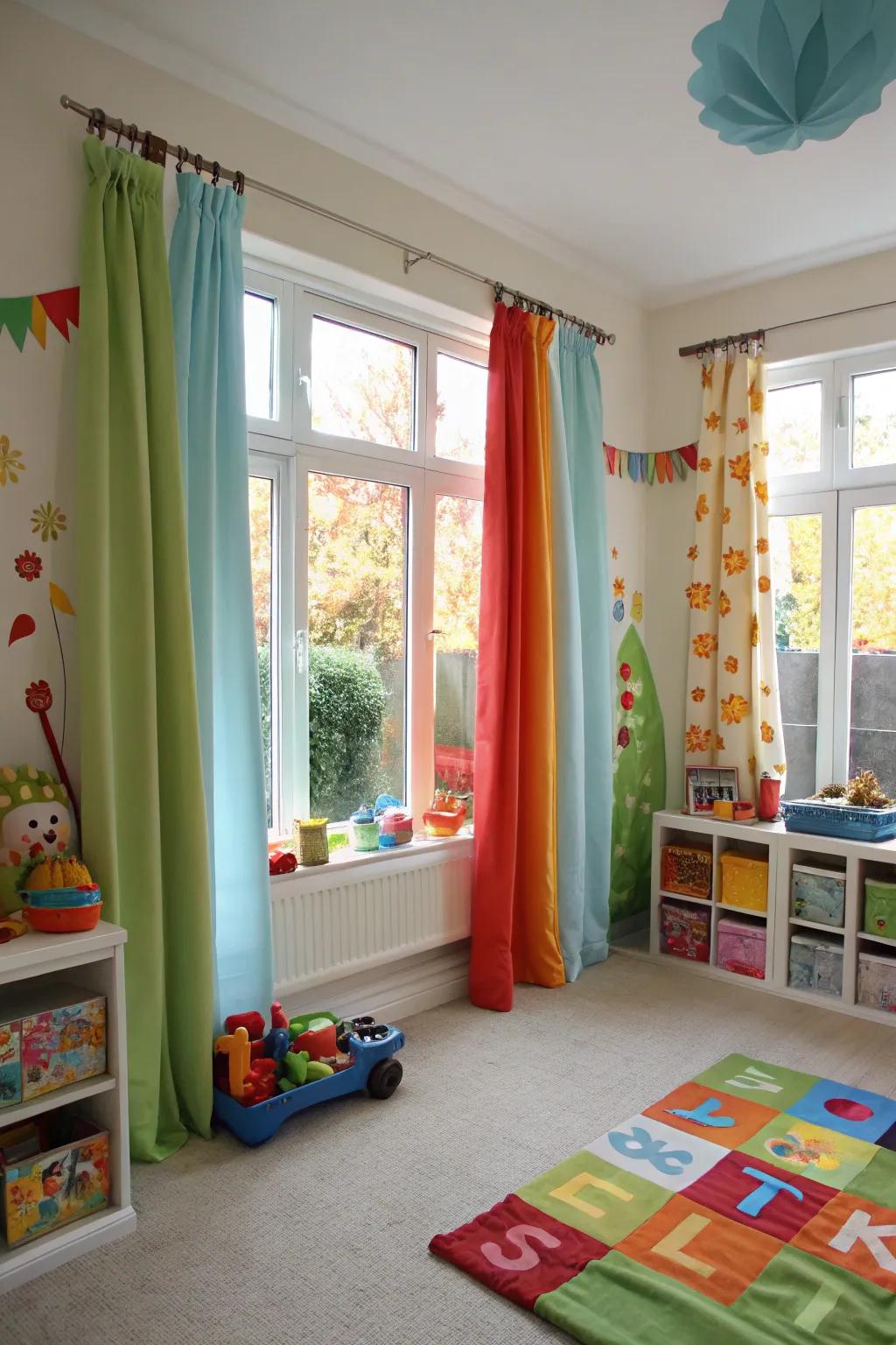 Seasonal curtain changes keep the playroom fresh and exciting.