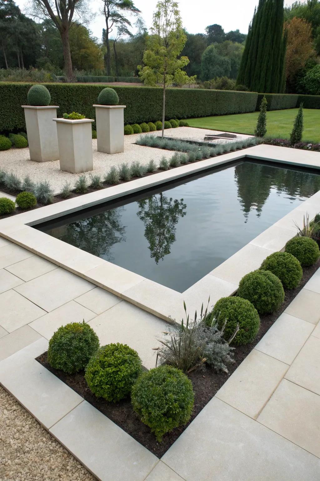 A minimalist geometric pond offers a sleek and modern garden focal point.