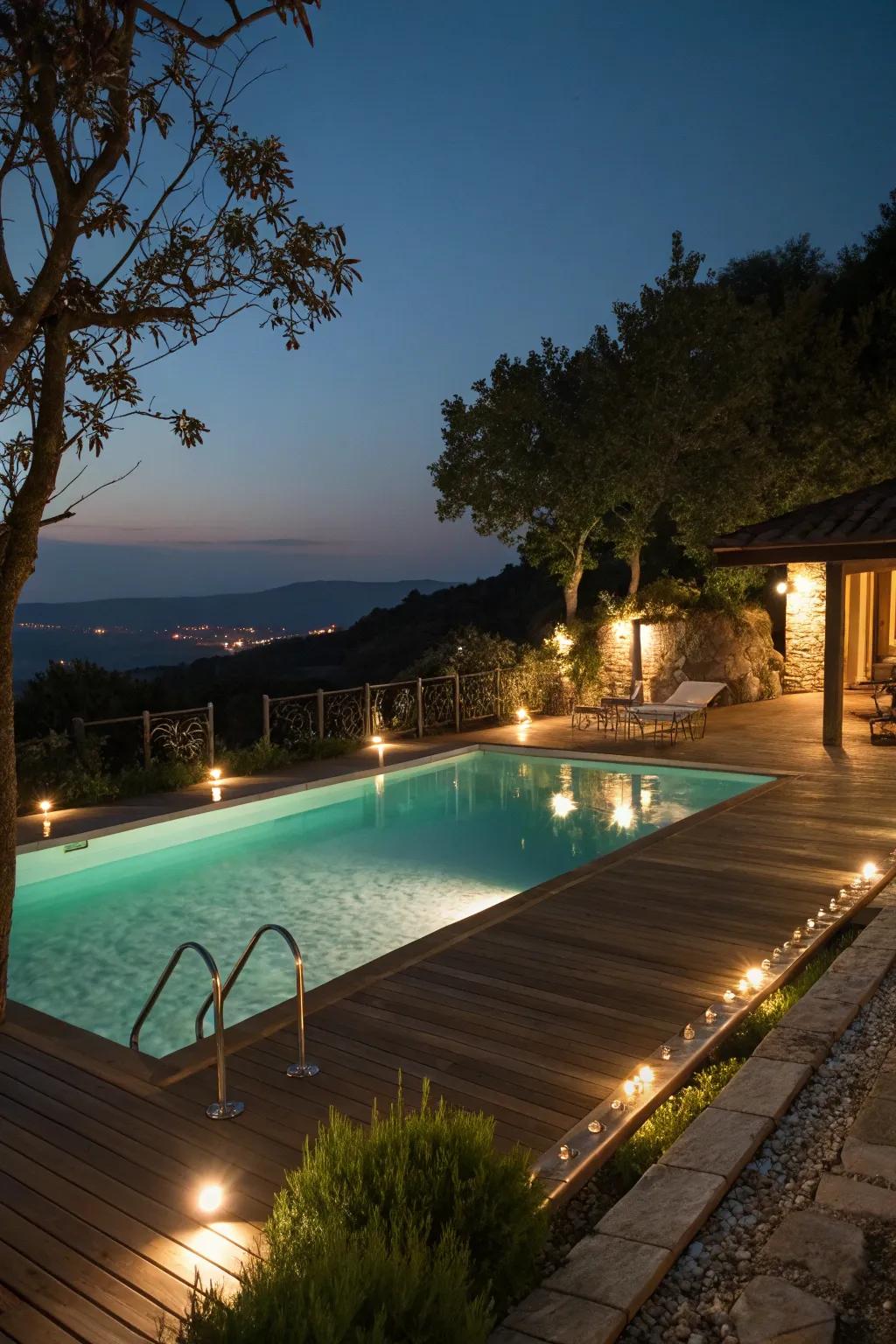 Magical evening ambiance with pool deck lighting.