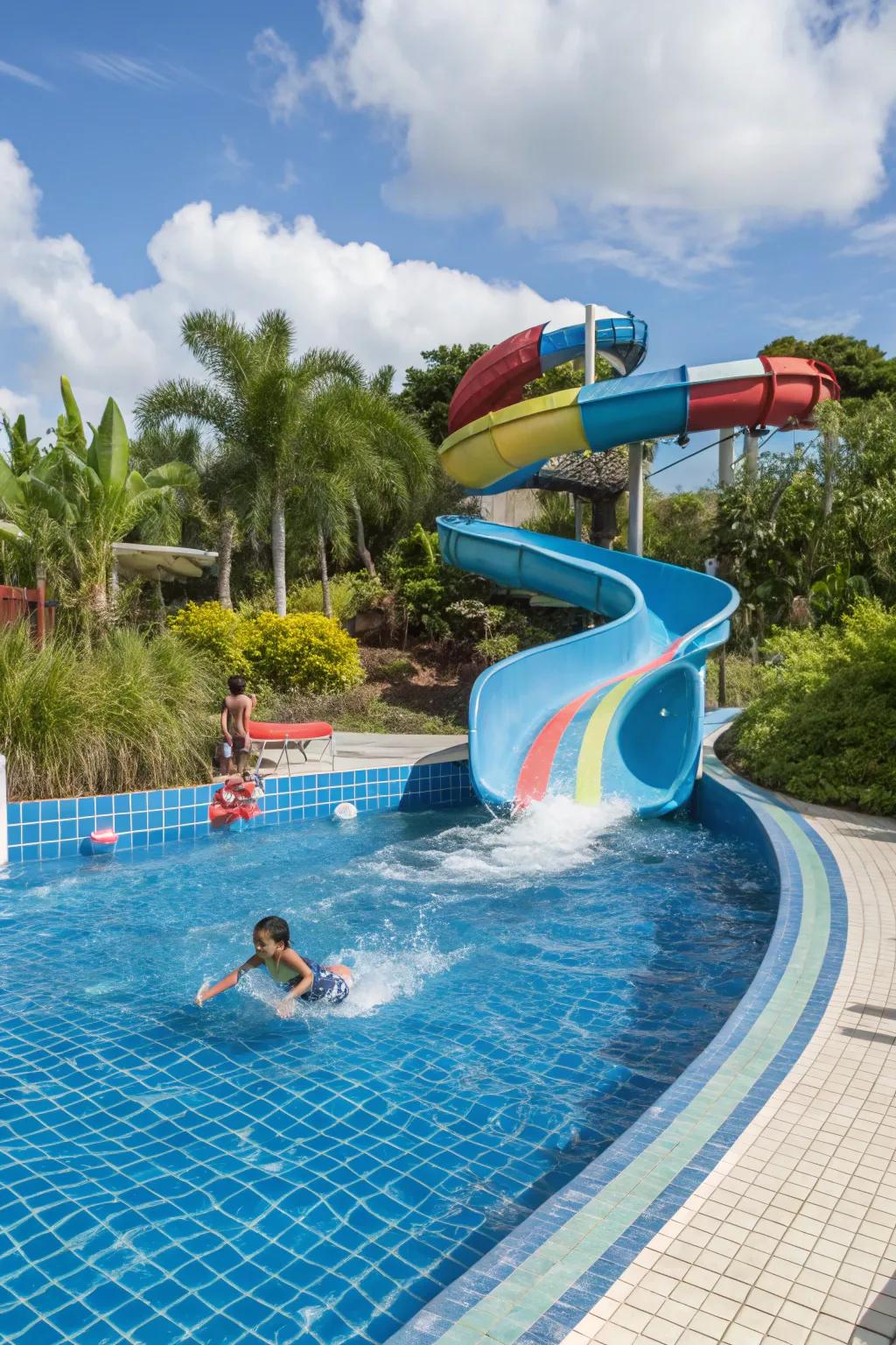 Water slides add excitement and fun to poolside activities.